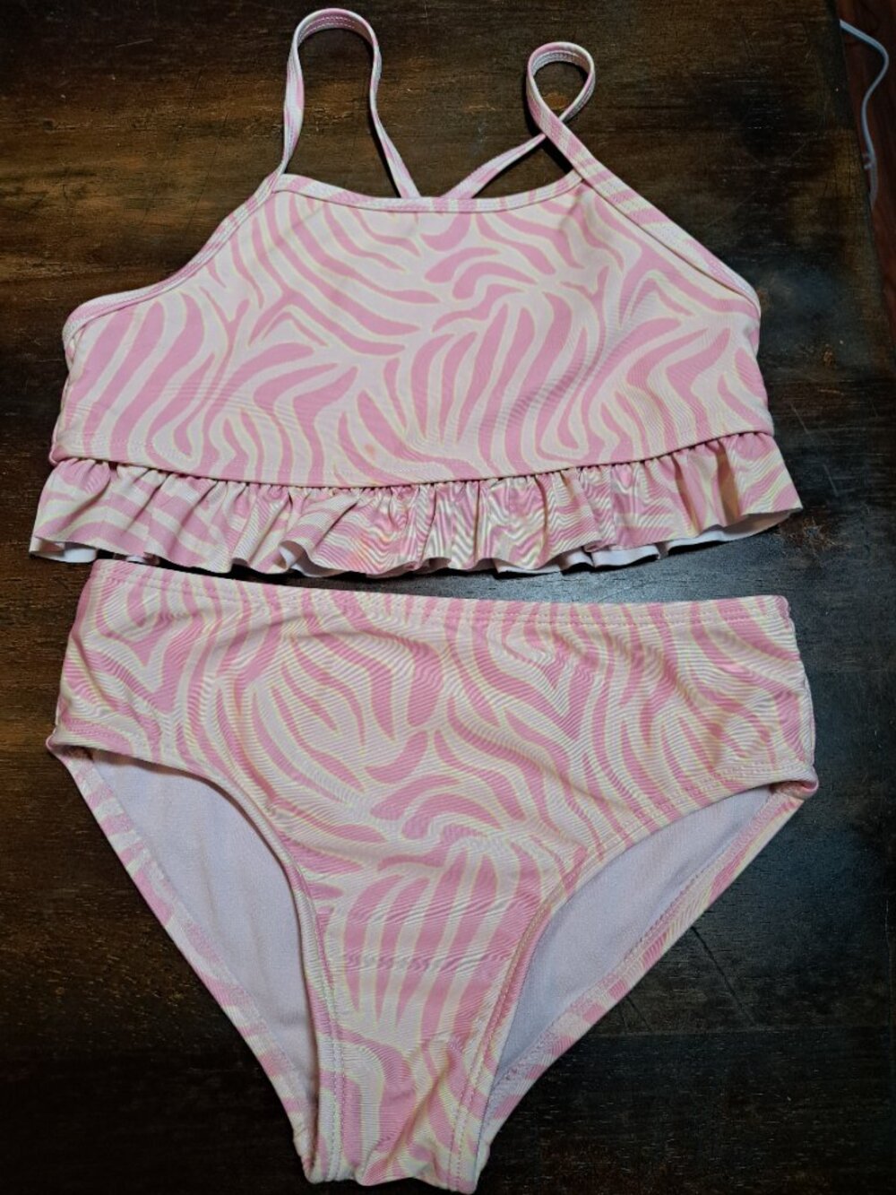 Wonder Nation Girls Pink Ruffle Cross Back Bikini Swimsuit Size M (7-8)